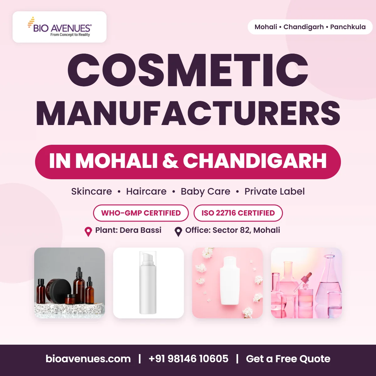 Cosmetic manufacturers in Mohali and Chandigarh banner by Bio Avenues, WHO-GMP and ISO 22716 certified plant in Dera Bassi