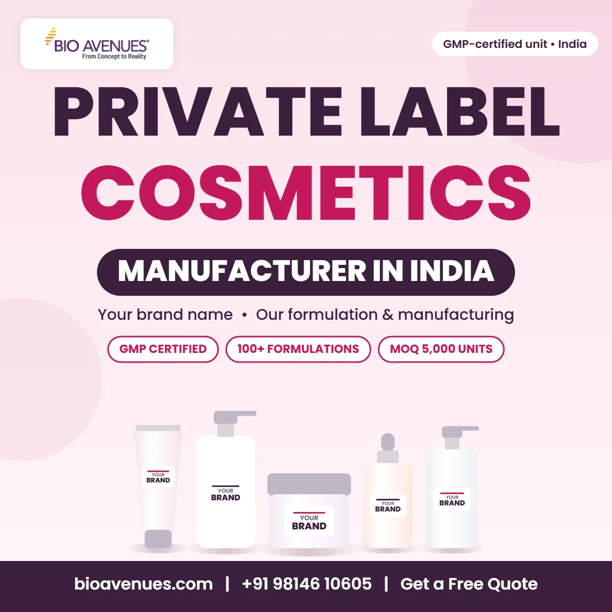 Private label cosmetics manufacturer in India banner by Bio Avenues with your brand on bottles, jars and tubes